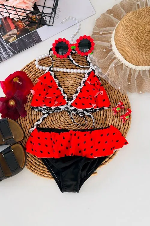 Miniğimin Cicileri Karpuz Desenli Fırfırlı Kız Çocuk Bikini Takımı - Kırmızı