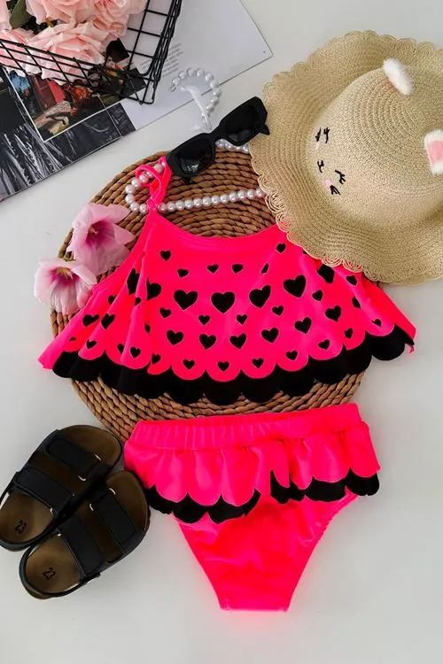Kalp Desenli Fırfırlı Kız Çocuk Bikini Takımı - Fuşya