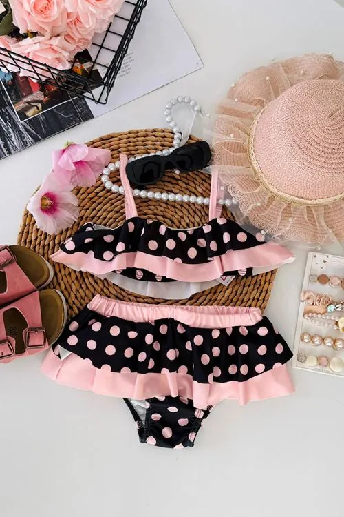 Miniğimin Cicileri Puantiyeli Fırfırlı Kız Çocuk Bikini Takımı - Pudra