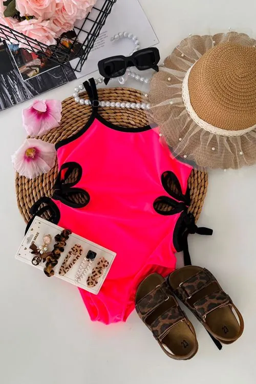 Neon Pembe Bağlama Detaylı Kız Çocuk Mayo - Fuşya