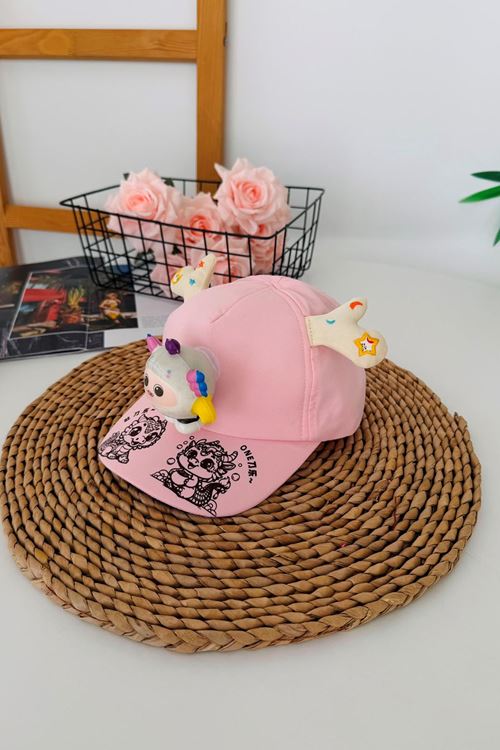 4-8 Yaş 3D Oyuncak Figürlü Kız Çocuk Şapka - Pembe