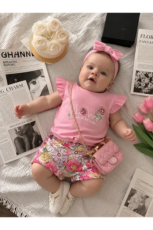 Miniğimin Cicileri Flower Renkli Baskılı Kız Çocuk Şortlu Takım - Pembe