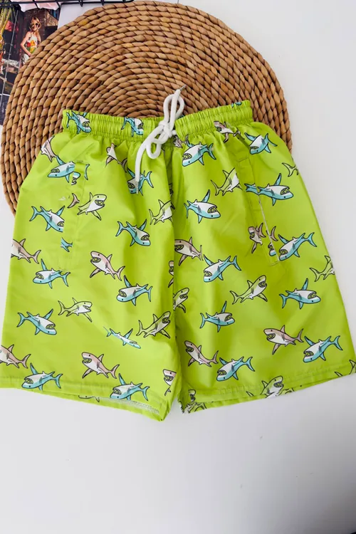 Köpek Balığı Baskılı Erkek Çocuk Deniz Şortu - Yeşil