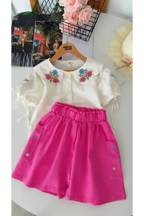 Miniğimin Cicileri Nakış İşlemeli Yaka ve Kol Detaylı Müslin Kız Çocuk Şort Takım - Pembe