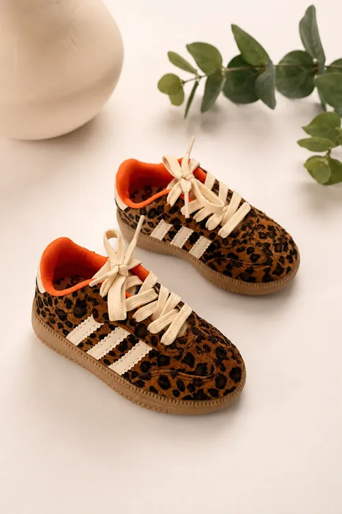 Leopar Desenli Bağcıklı Unisex Çocuk Spor Ayakkabı - Kahve