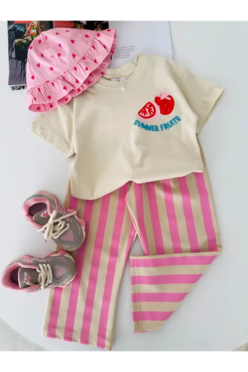 Miniğimin Cicileri Summer Fruits Baskılı Tişörtlü Çizgili Kız Çocuk Takım - Pembe