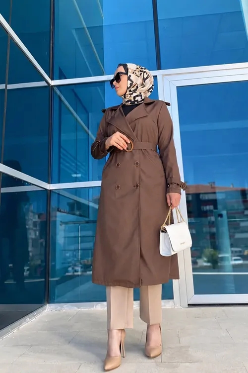 Kuruvaze Yaka , Düğmeli Bondip Kumaş Trençkot - Kahve