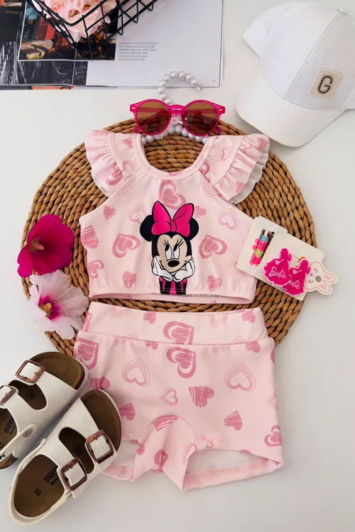 Miniğimin Cicileri Mnn Baskılı Kalp Desenli Kız Çocuk Bikini Takımı - Pembe