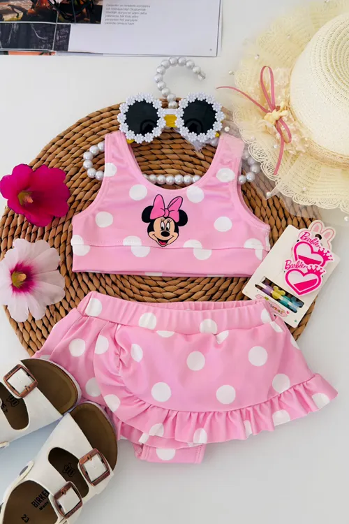 Miniğimin Cicileri Mnn Baskılı Puantiyeli Fırfırlı Kız Çocuk Bikini Takımı - Pembe
