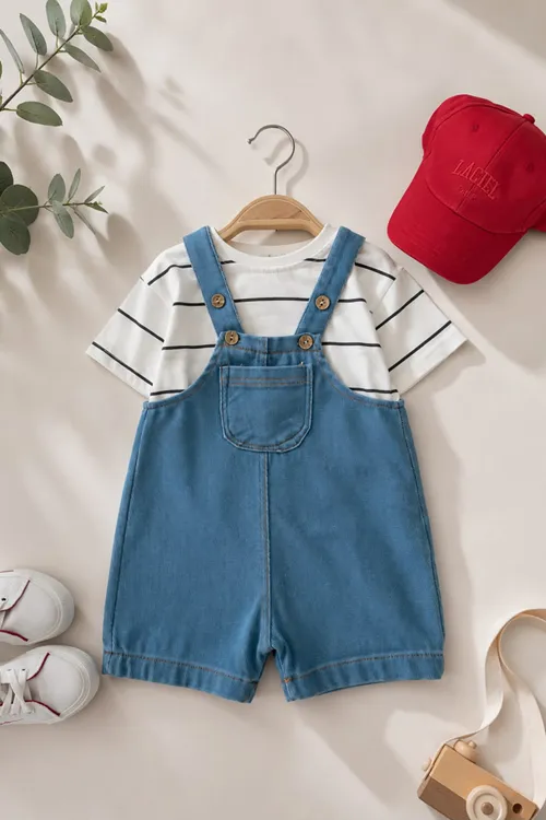 Çizgili Örme Salopetli Erkek Bebek 2 li takım - Açık Mavi