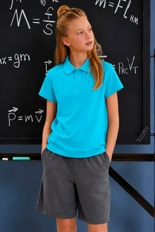 Polo Yaka Kısa Kol Unisex Çocuk Okul Tşörtü - Turkuaz