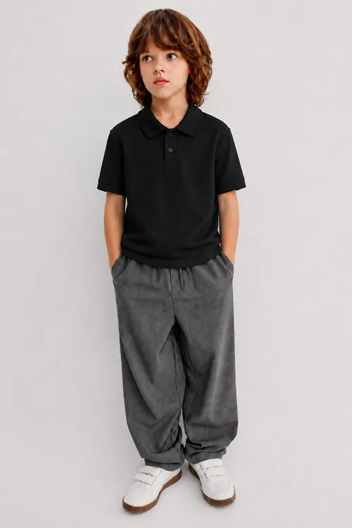 Polo Yaka Kısa Kol Unisex Çocuk Okul Tşörtü - Siyah