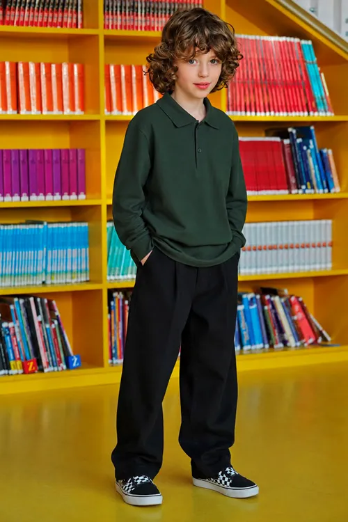 Polo Yaka Uzun Kol Unisex Okul Sweati - Haki
