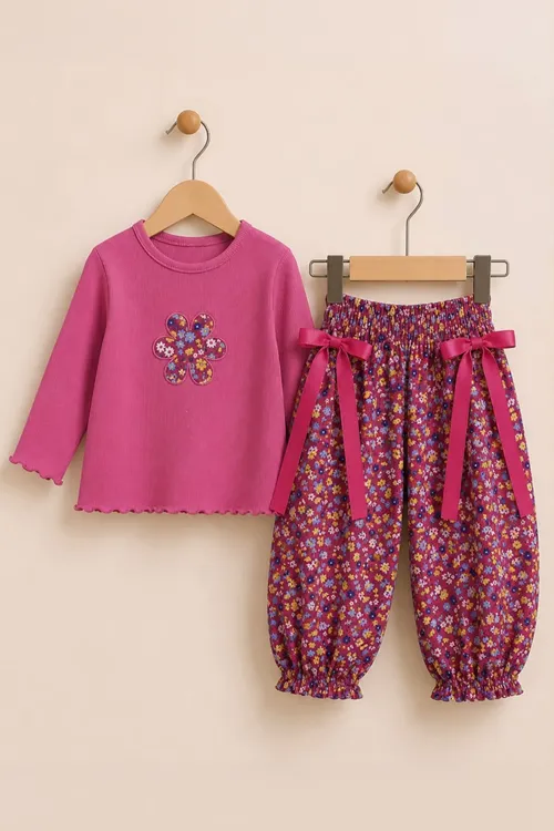 Vintage Çiçek Desenli Şalvarlı Kız Çocuk 2 li Takım - Pembe