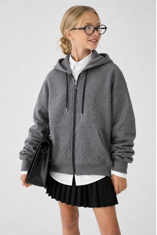 Basic Kapüşonlu Fermuarlı Unisex Çocuk Okul Hırka - Koyu Gri