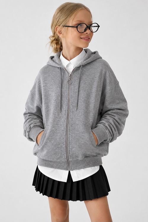 Basic Kapüşonlu Fermuarlı Unisex Çocuk Okul Hırka - Açık Gri