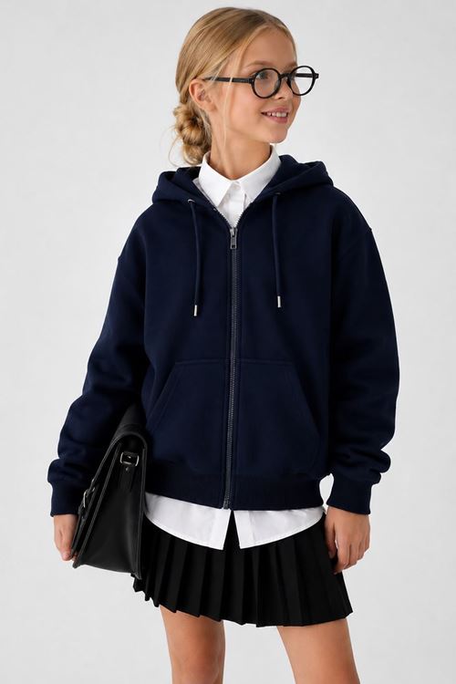 Basic Kapüşonlu Fermuarlı Unisex Çocuk Okul Hırka - Lacivert