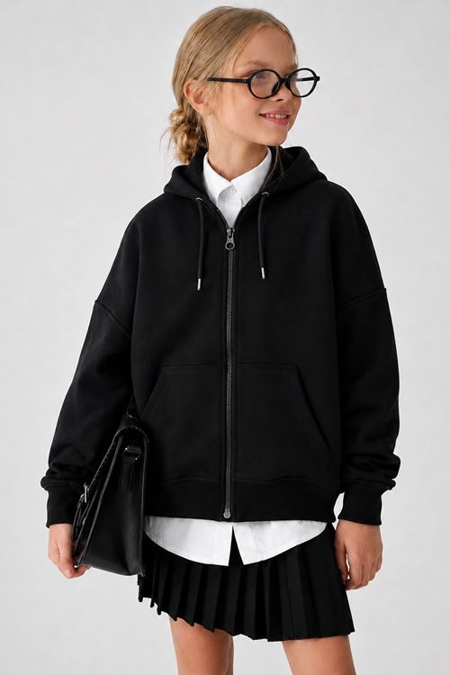 Basic Kapüşonlu Fermuarlı Unisex Çocuk Okul Hırka - Siyah