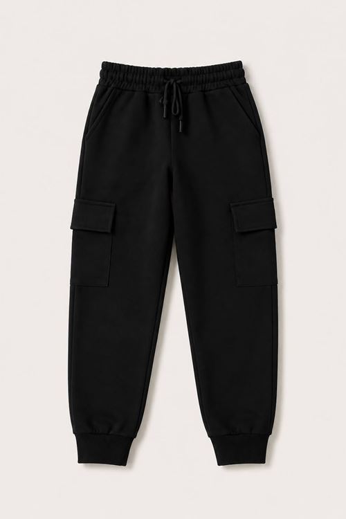 Unisex Kargo Cepli Çocuk Okul Eşofman Altı - Siyah