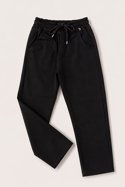 Unisex Çocuk Beli Lastikli Bağcıklı Straight Fit Pantolon - Siyah