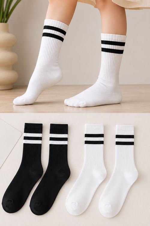 Çizgi Detaylı Unisex Çocuk 2 li uzun Çorap Seti - SiyahBeyaz