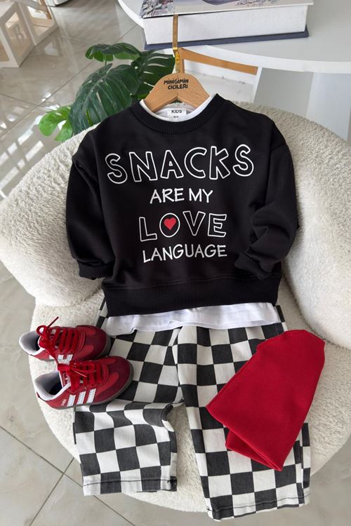 Snacks Love Damalı Erkek Çocuk 3'lü Takım - Siyah