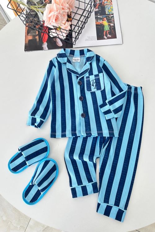 Çizgi Desenli Terlikli Erkek Çocuk Pijama Takımı - Mavi