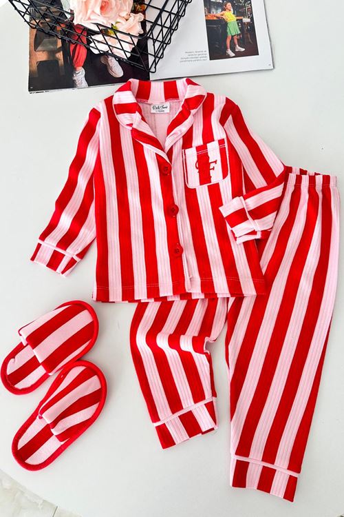 Çizgi Desenli Terlikli Kız Çocuk Pijama Takımı - Kırmızı