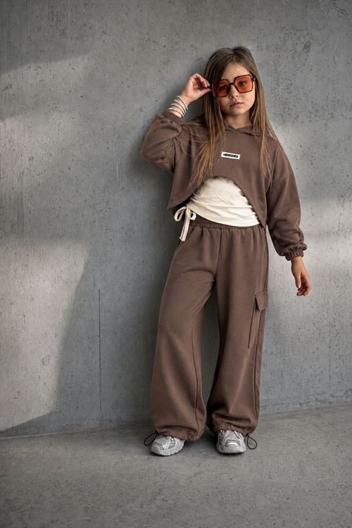 Büzgü Detaylı Crop Sweatshirtlü Kargo Pantolon Kız Çocuk 3’lü Takım - Kahverengi
