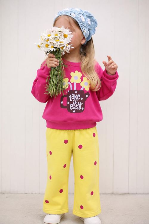 Çiçek Baskılı Sweatshirt Puantiyeli Pantolon Kız Çocuk 2’li Takım - Fuşya