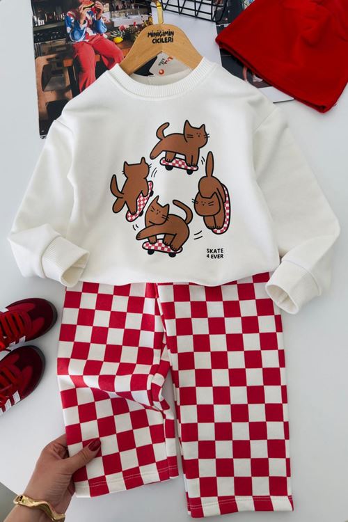 Sevimli Kedicik Baskılı Dama Desenli Unisex Çocuk 2 li Takım - Kırmızı