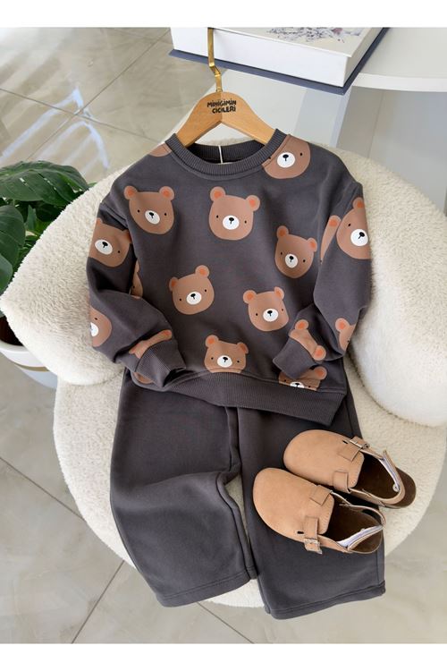 Bear Baskılı Bol Paça 2 li Erkek Çocuk Takım - Antrasit