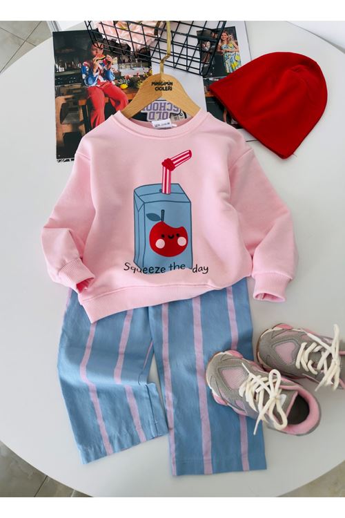 Squeeze The Day Baskılı Çizgili Pantolonlu Kız Çocuk 2’li Takım - Pembe