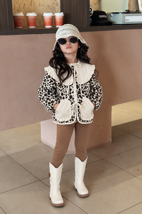 Miniğimin Cicileri Leopar Desenli Volan Yaka Polar Kız Çocuk Kışlık 2’li Takım - Bej