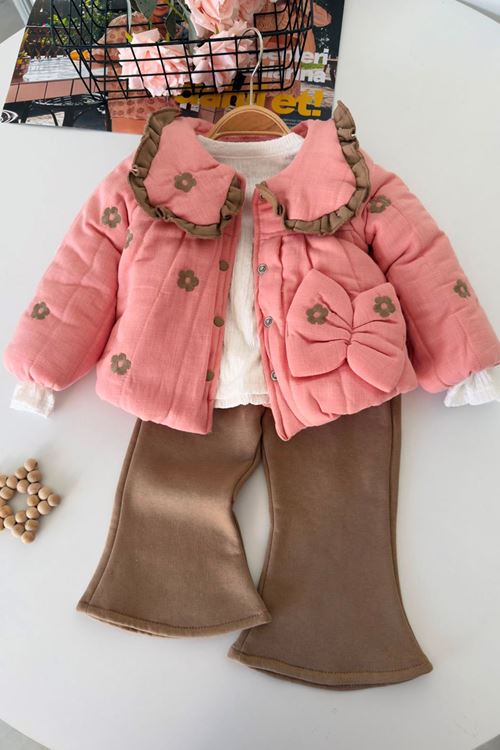 Çiçek Nakışlı Fırfır Yaka Kışlık Montlu Kız Bebek 3’lü Takım - Pembe