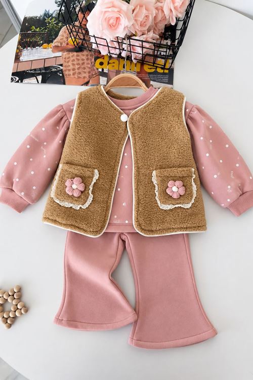 Çiçek Cep Detaylı Peluş Yelekli Kız Bebek 3’lü Takım - Pembe