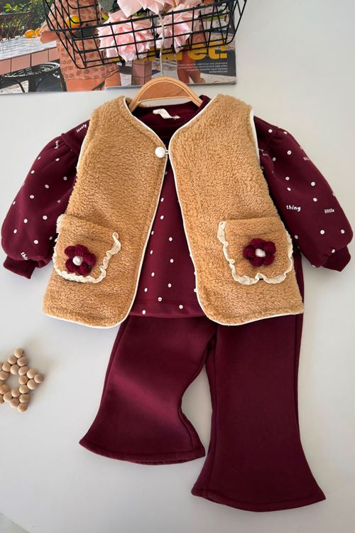 Çiçek Cep Detaylı Peluş Yelekli Kız Bebek 3’lü Takım - Bordo