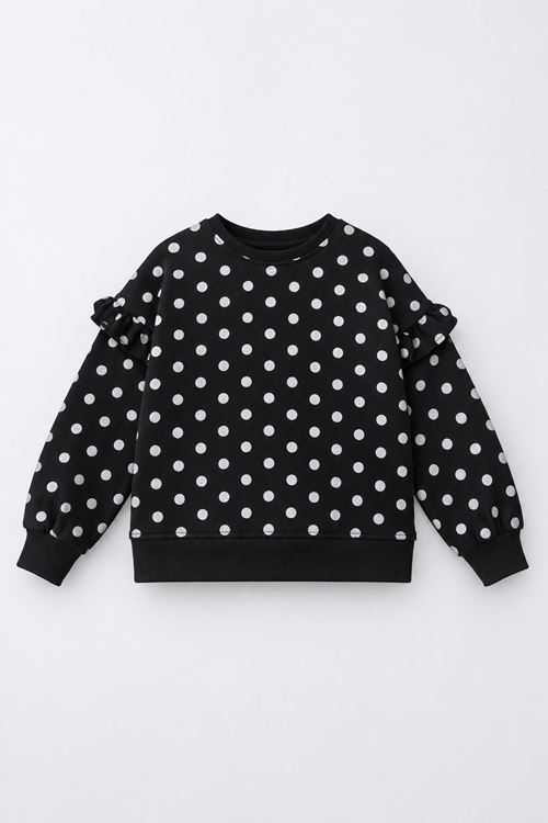 Fırfır Detaylı Puantiyeli Kız Çocuk Sweatshirt - Siyah