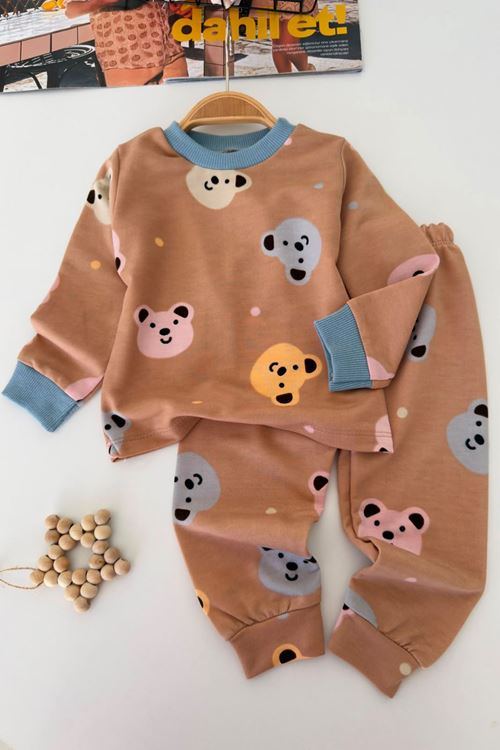 Sevimli Hayvan Desenli İnce Penye Unisex Çocuk Takım - Kahverengi Açık