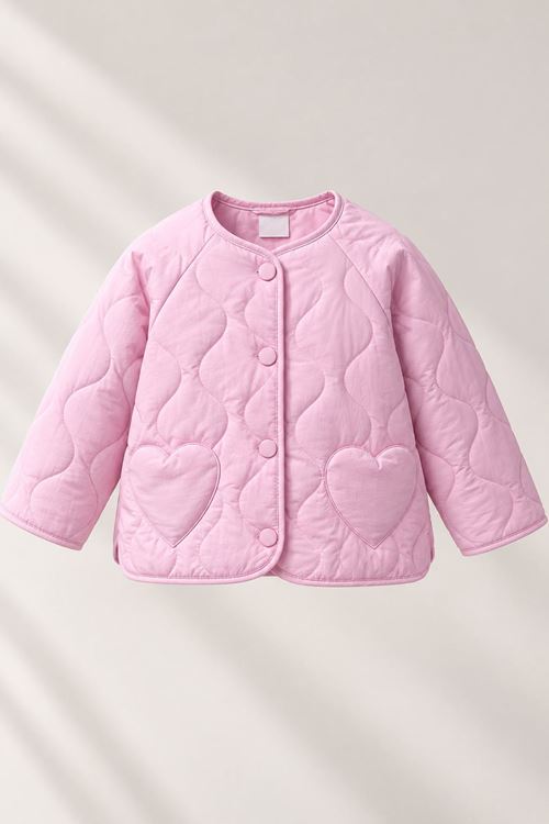 Kapitone Kız Çocuk Kalp Cepli Mevsimlik Kapitone Mont - Pembe