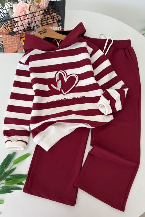 Kalp Nakışlı Oversize Kız Çocuk 2 li Eşofman Takımı - Bordo