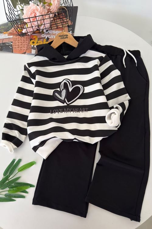 Kalp Nakışlı Oversize Kız Çocuk 2 li Eşofman Takımı - Siyah