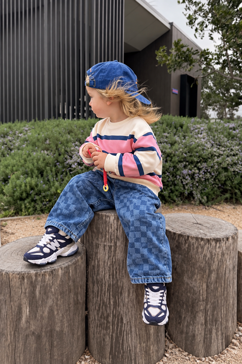 Çizgili Sweat & Damalı Kot Pantolon Owersize Unisex Çocuk 2’li Takım - Pembe