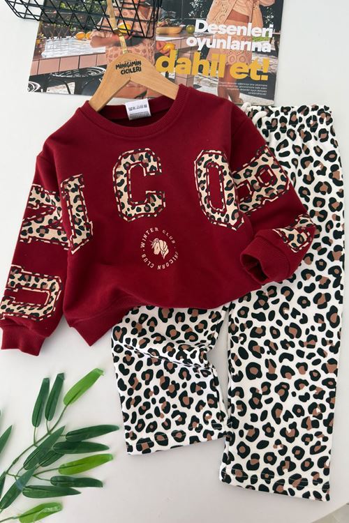 Leopar Detaylo Şık Kız Çocuk Takım - Bordo
