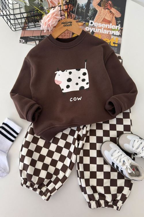 Cow Baskılı Damalı Unisex Çocuk Oversize Takım - Kahverengi