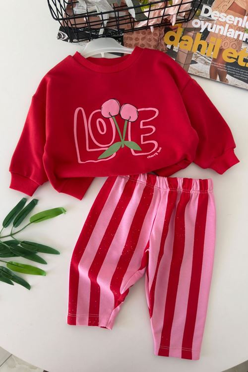 Love Kiraz Baskılı Kız Bebek 2 li Takım - Kırmızı