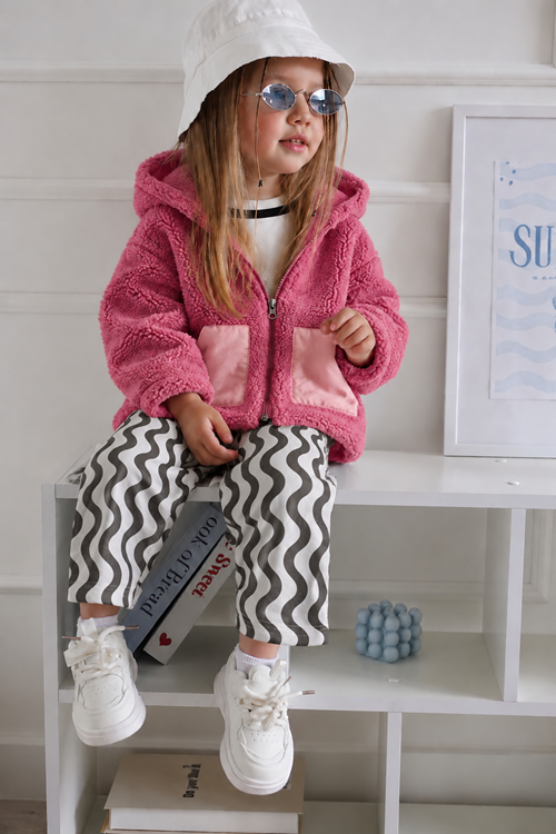 Miniğimin Cicileri Cep Detaylı Kapüşonlu Unisex Çocuk Welsoft Hırka - Fuşya
