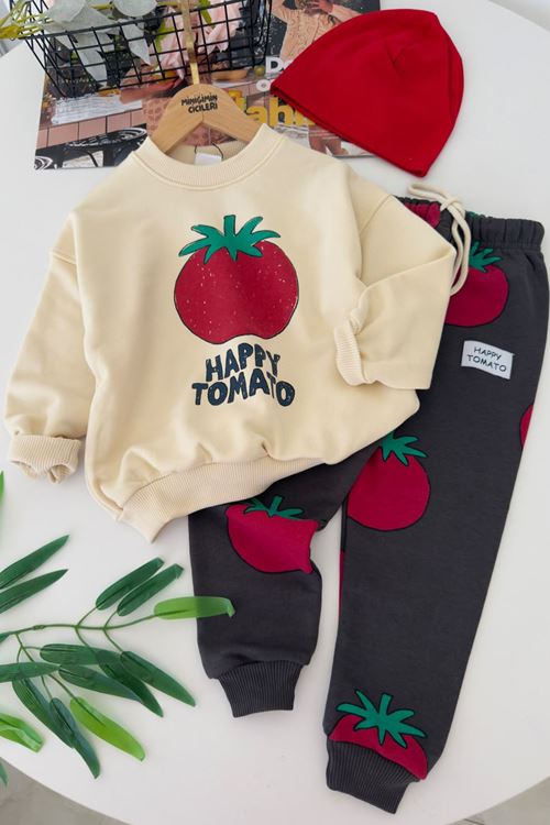 Happy Domates Baskılı Unisex Çocuk 2 li Takım - Krem