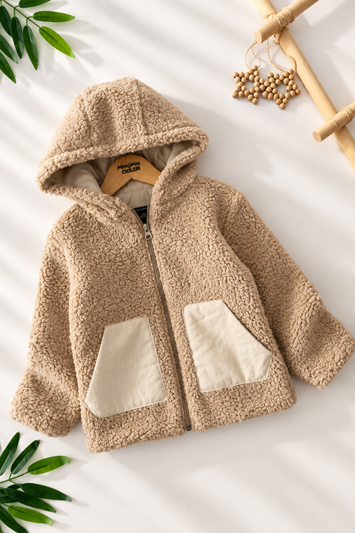 Miniğimin Cicileri Cep Detaylı Kapüşonlu Unisex Çocuk Welsoft Hırka - Kahve Köpüğü