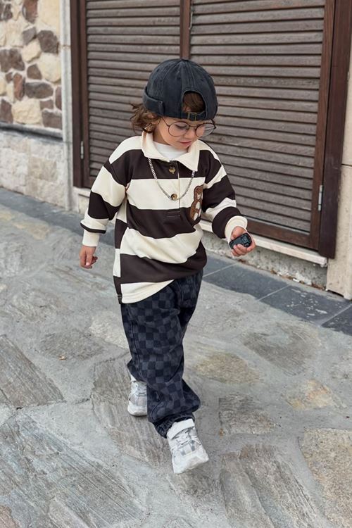 Ayıcık Nakışlı Çizgili Polo Sweat & Damalı Kot Pantolon Unisex Çocuk 2’li Takım - Kahverengi